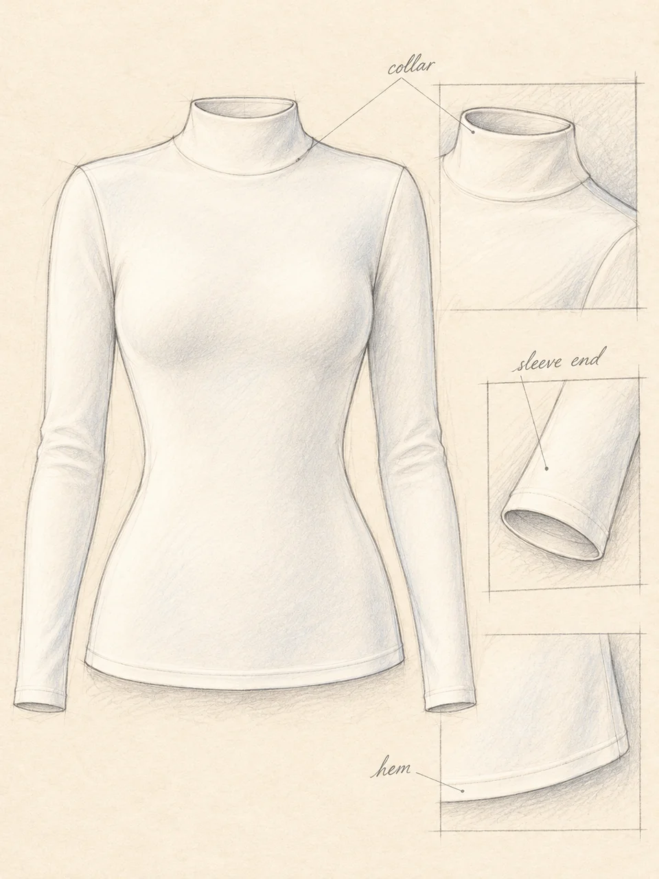 Front design study of the fitted top, showing collar, sleeves and hem