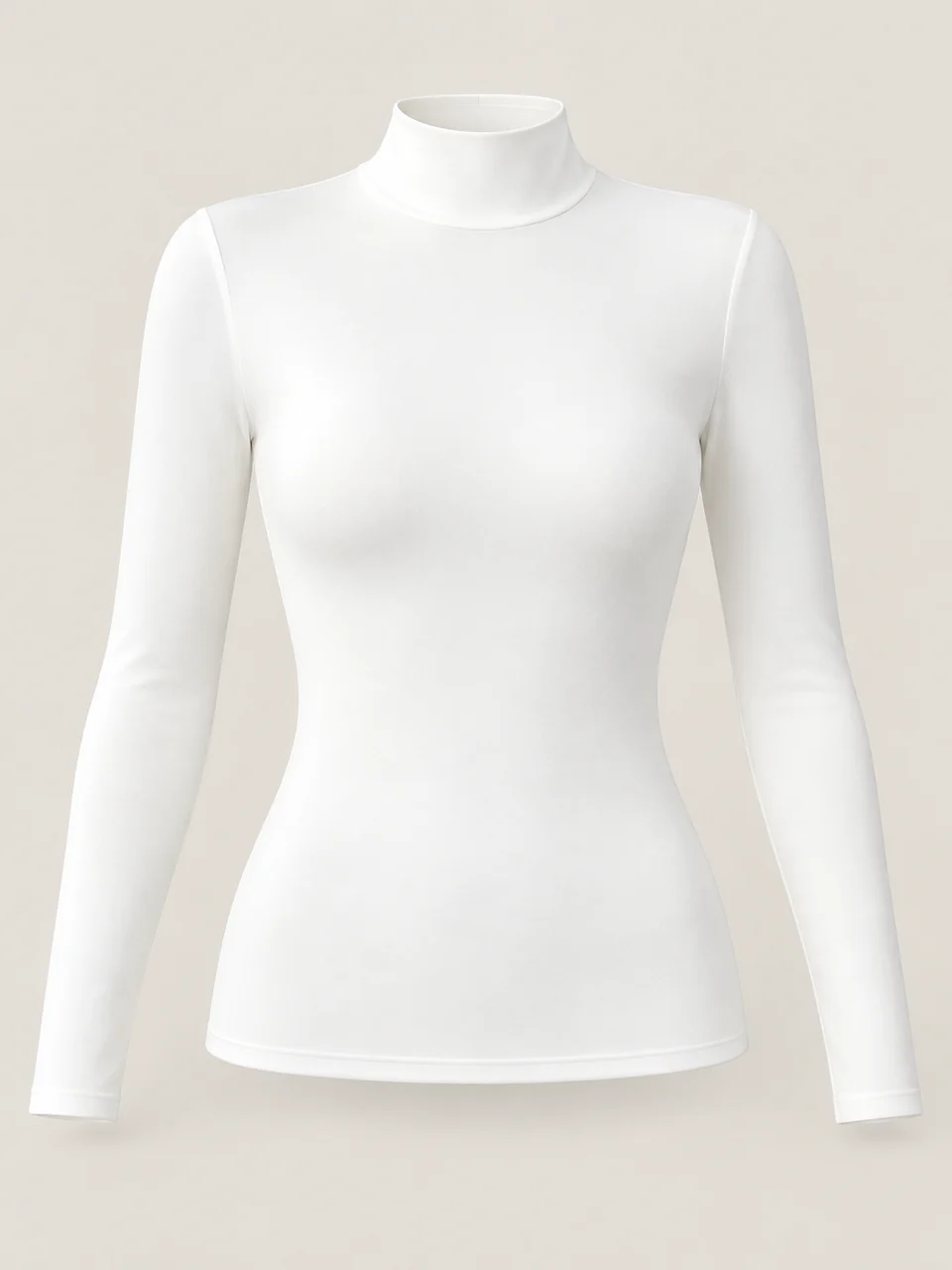 Ivory fitted long-sleeve top with a short stand collar and plain hem