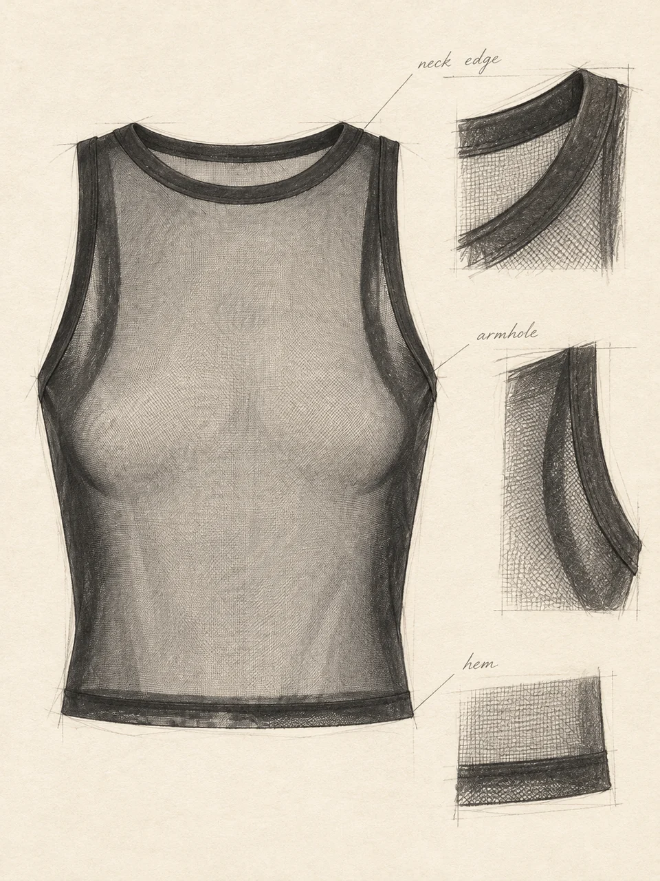 Front design study of the mesh top, showing neckline, armholes and hem
