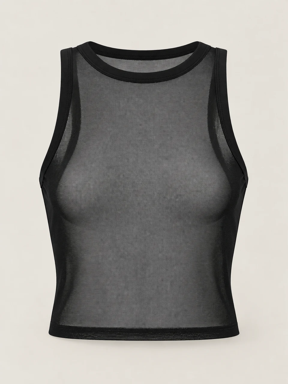 Black sleeveless fine-mesh top with a bound round neckline and armholes