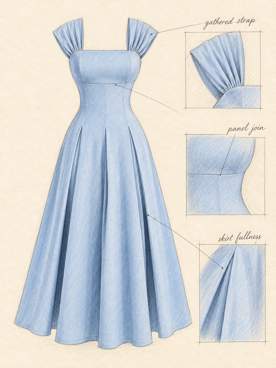 Front design study of the blue dress, showing straps, panels and skirt shape