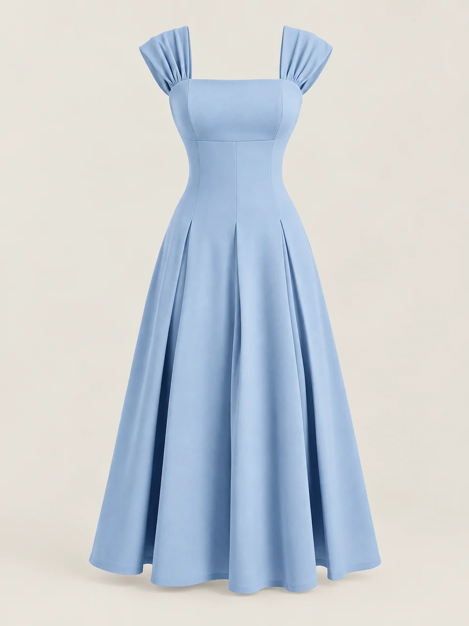 Pale-blue dress with gathered straps, an under-bust seam and a flared skirt