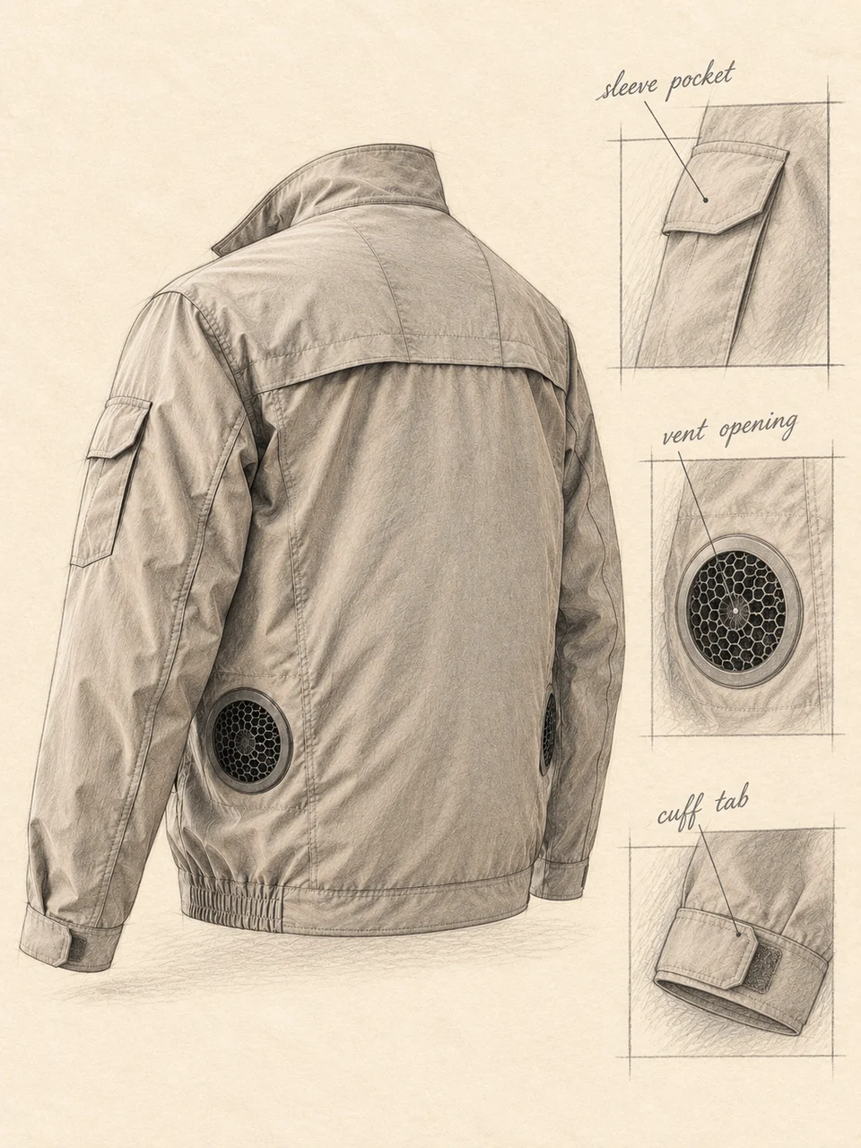 Pencil jacket study with matching sleeve-pocket, vent-opening and cuff-tab details