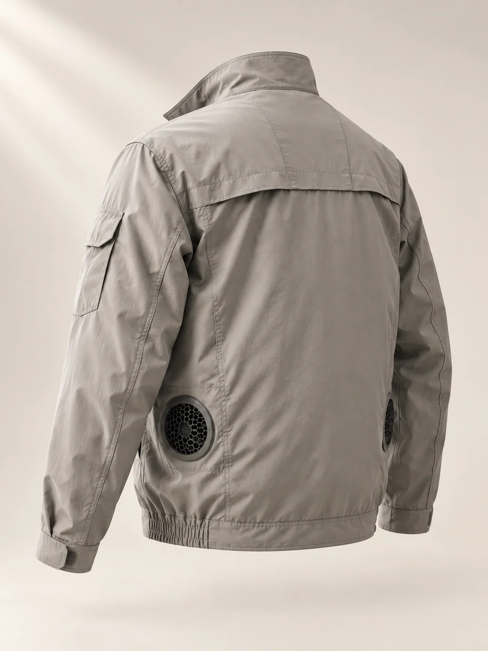 Taupe jacket reference, rear three-quarter view with two lower-back vent positions and a sleeve pocket