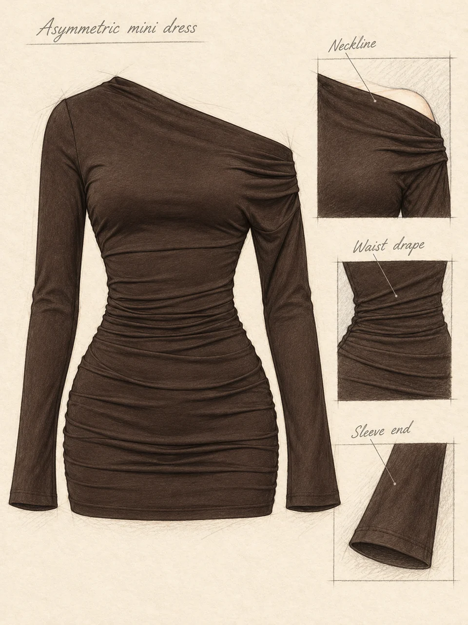 Pencil black dress study with matching asymmetric neckline, gathers and sleeve details