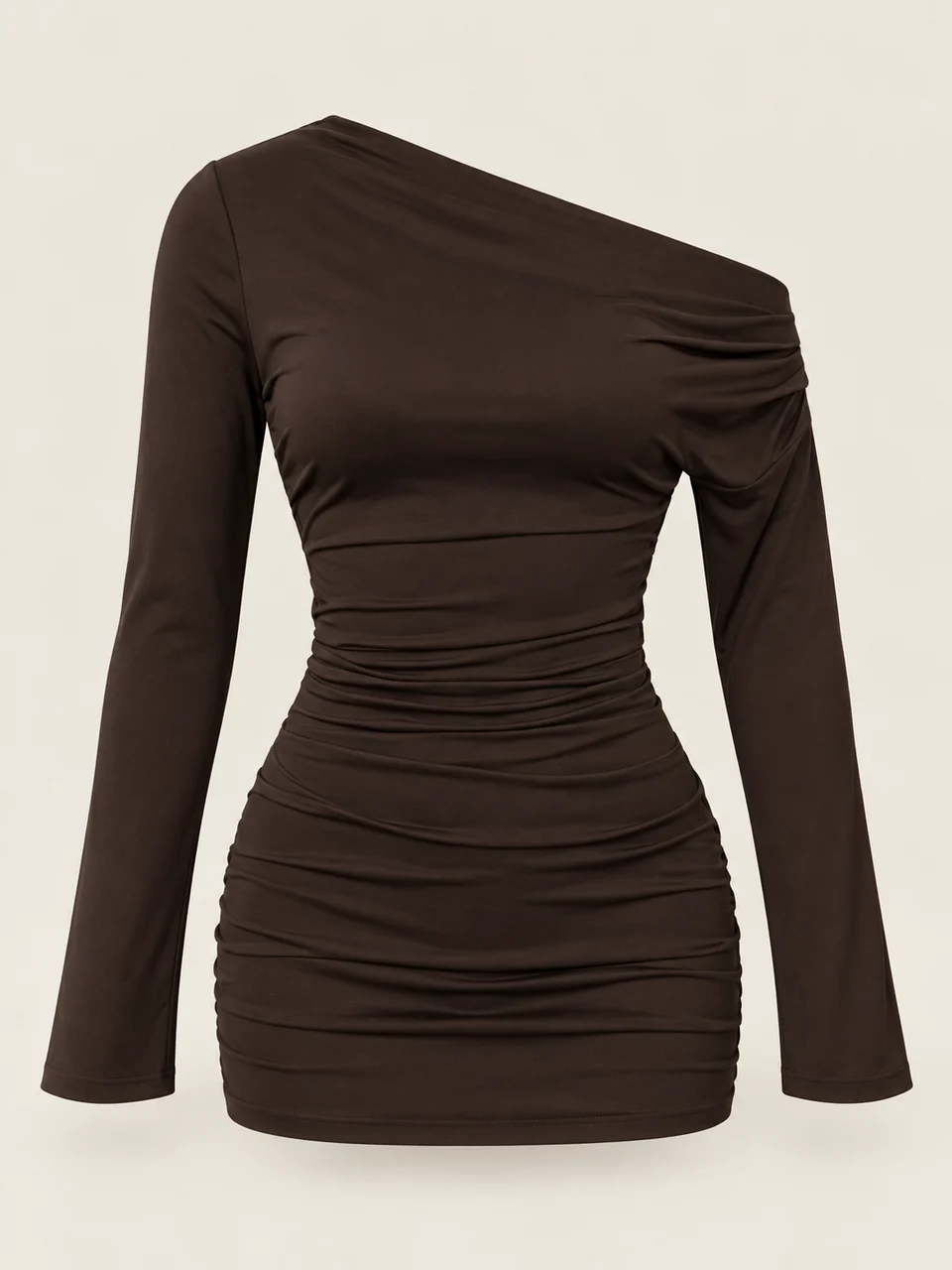 Black short fitted dress with an asymmetric neckline, long sleeves and a gathered body