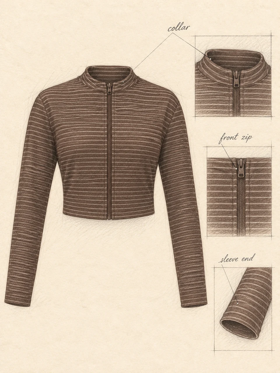 Pencil cropped top study with matching collar, zip and sleeve-end details