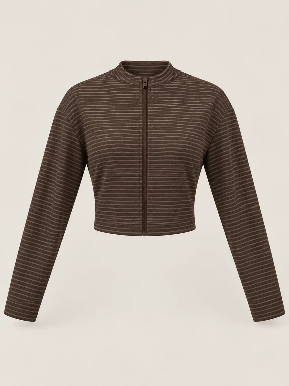 Dark-brown fine-striped cropped zip top with a short stand collar and no hood