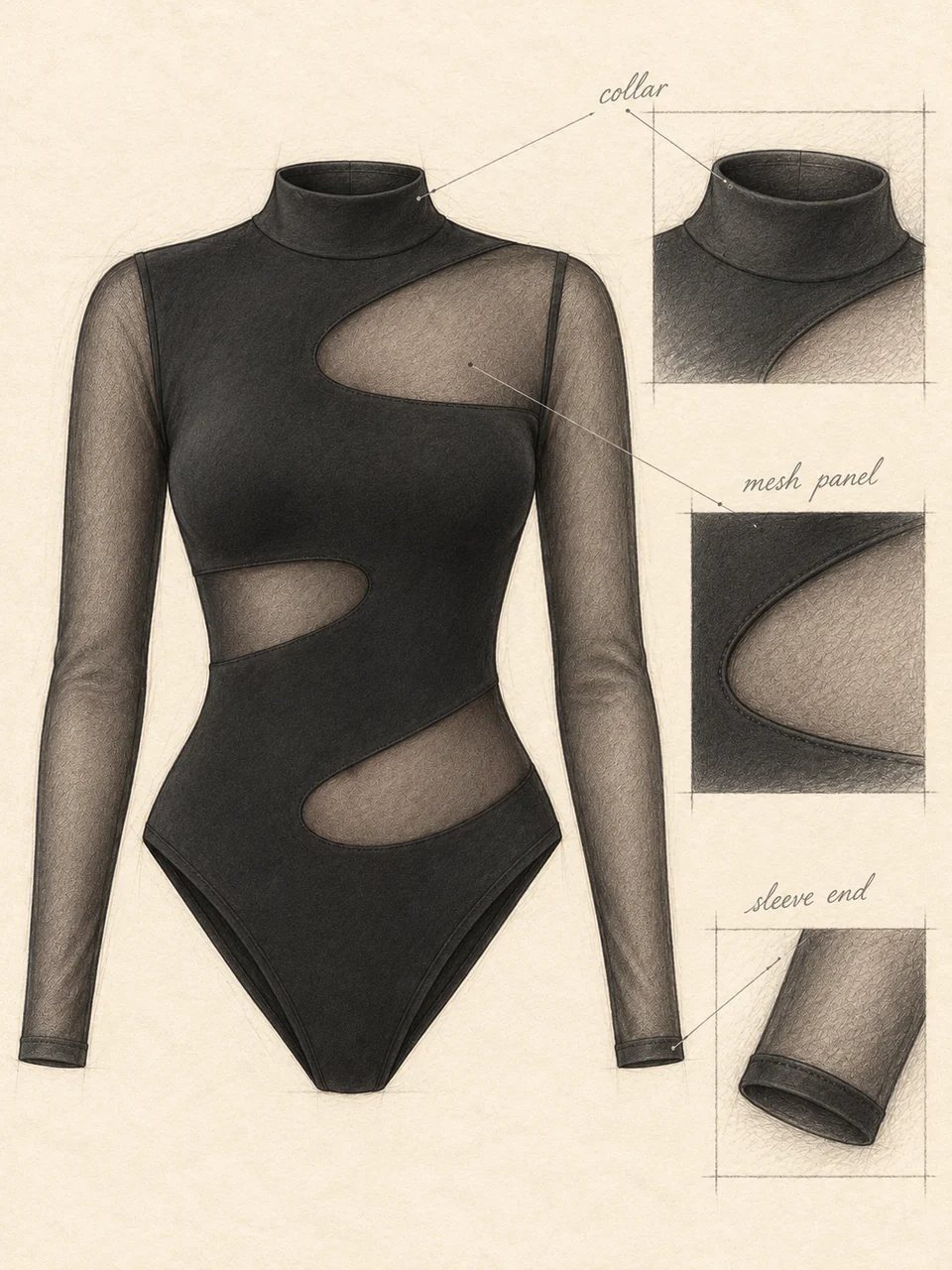 Pencil bodysuit study with matching collar, curved mesh join and sleeve-end details