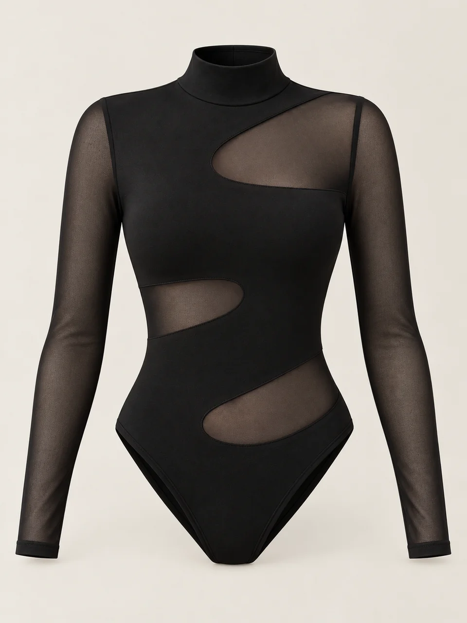 Black long-sleeve bodysuit with three curved asymmetric mesh regions and a short stand collar