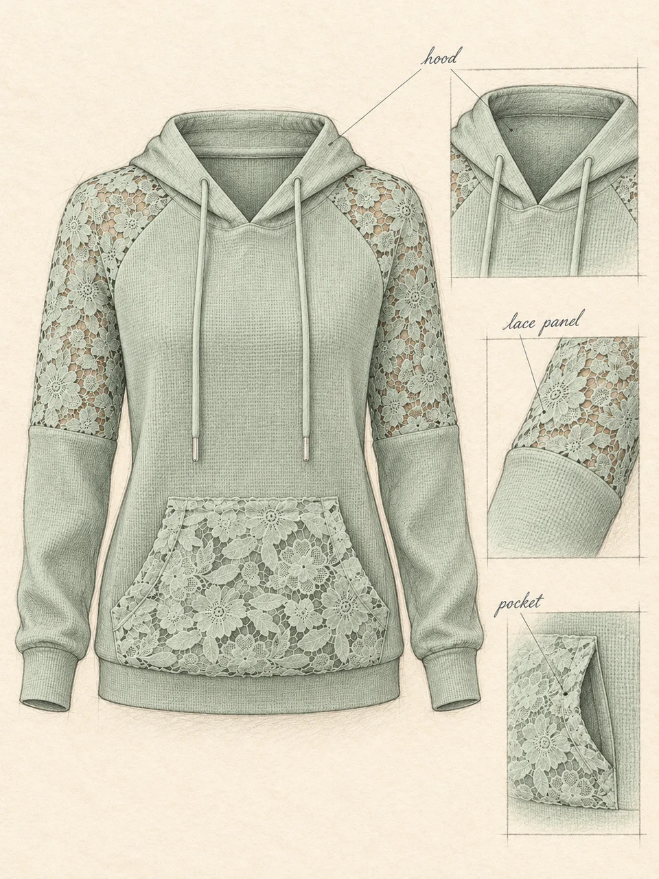Pencil hoodie study with matching hood, lace panel and pocket detail sketches