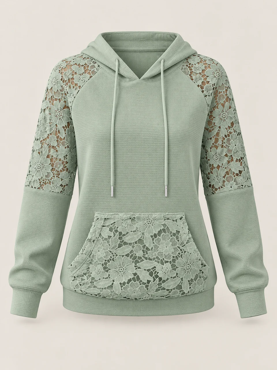 Sage hooded pullover with lace upper-sleeve panels and a lace-front kangaroo pocket