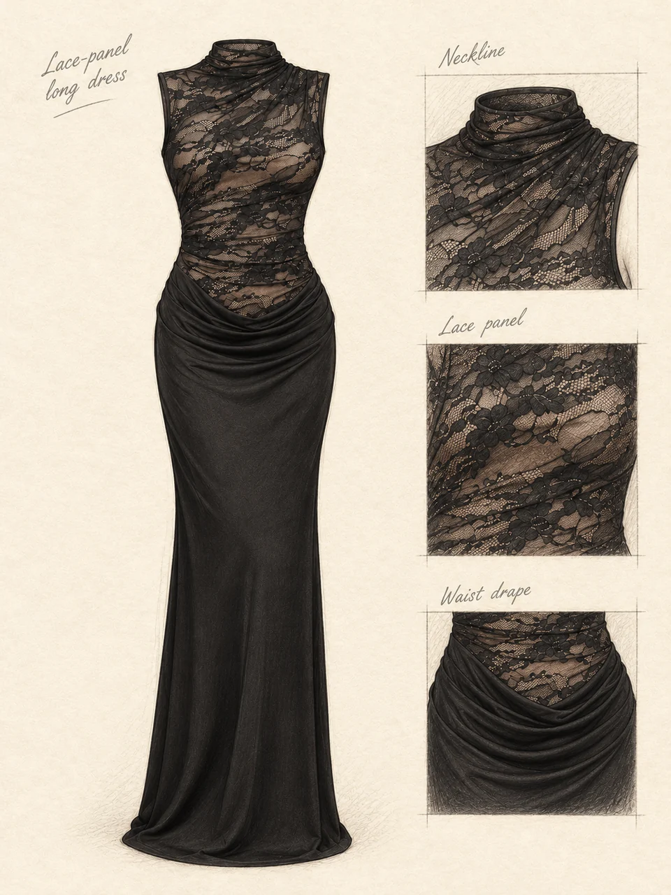 Pencil long dress study with matching lace neckline, panel boundary and drape details