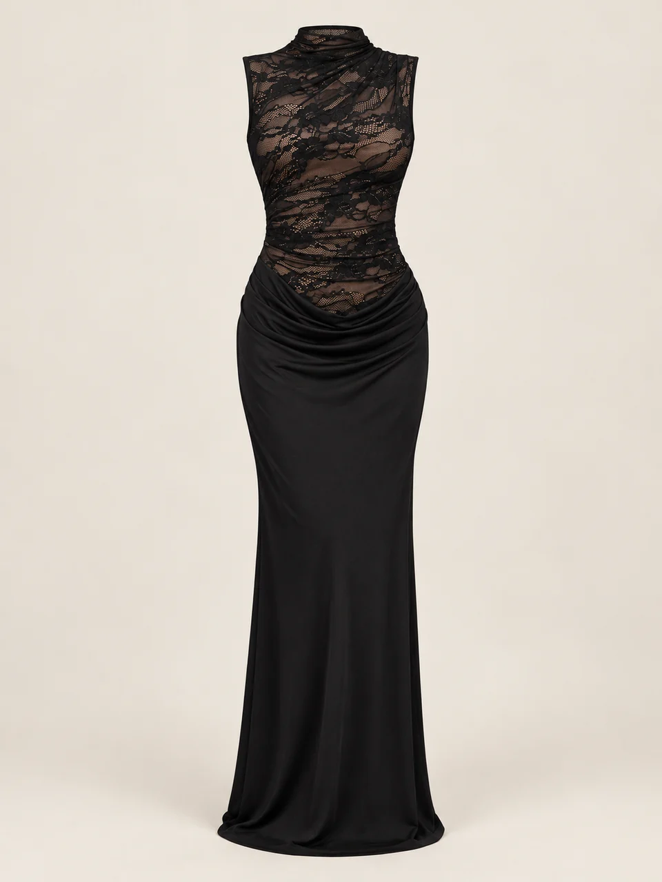 Black sleeveless high-neck long dress with a lace upper section and opaque draped skirt