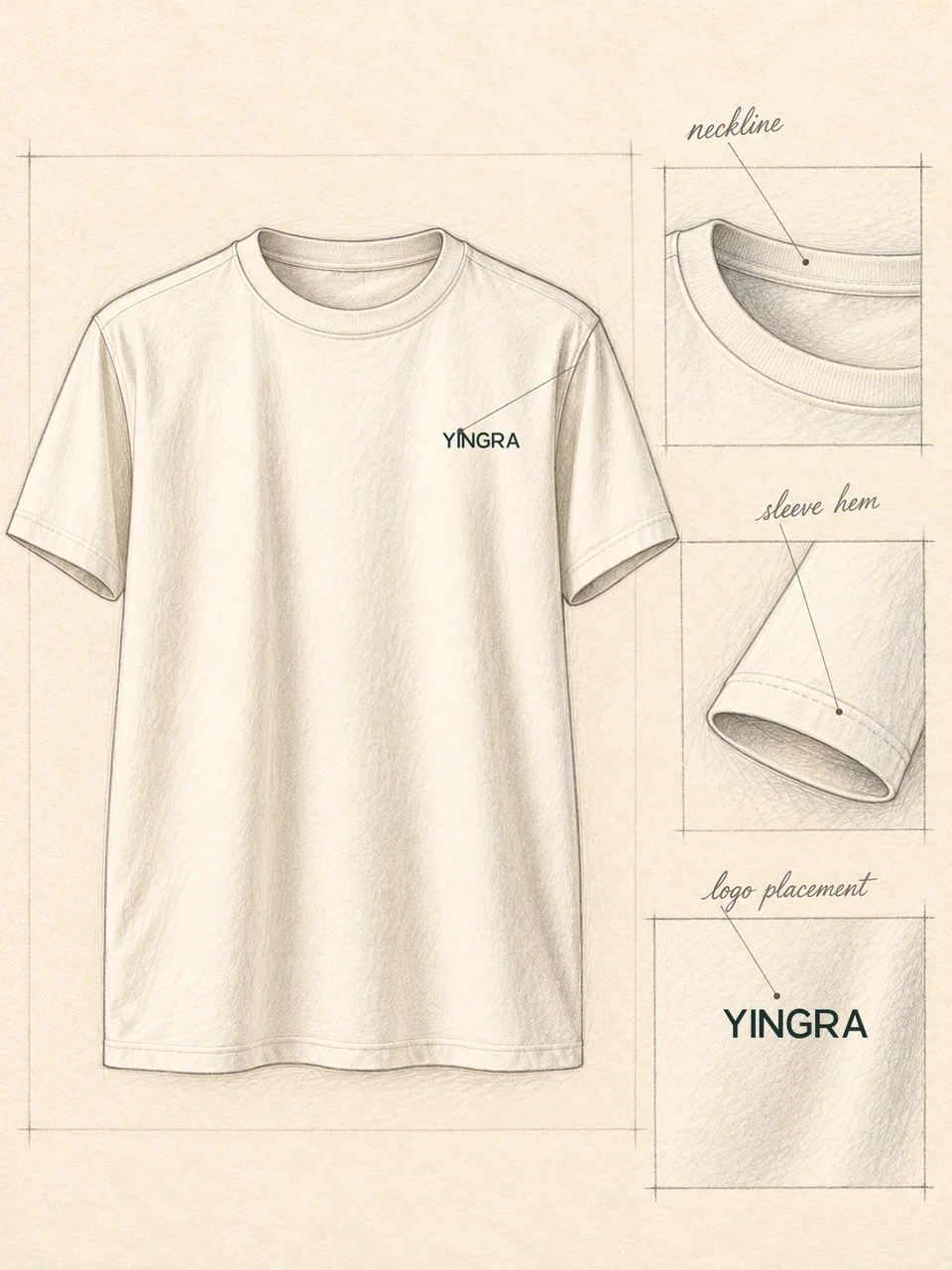 Pencil T-shirt study with neckline, sleeve hem and proposed YINGRA logo placement details