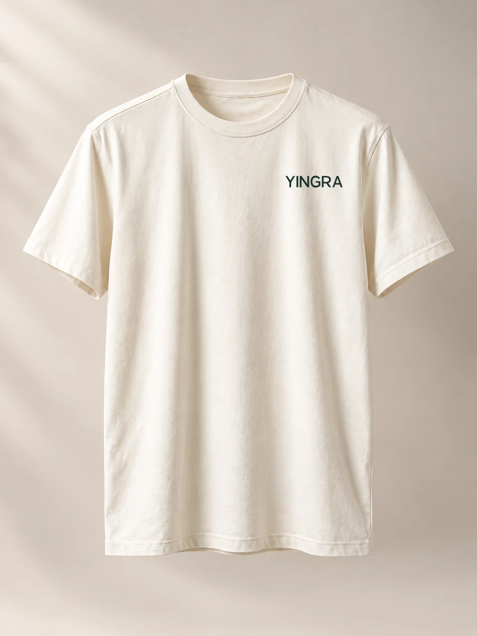 Ivory crew-neck short-sleeve T-shirt reference with an illustrative YINGRA chest wordmark