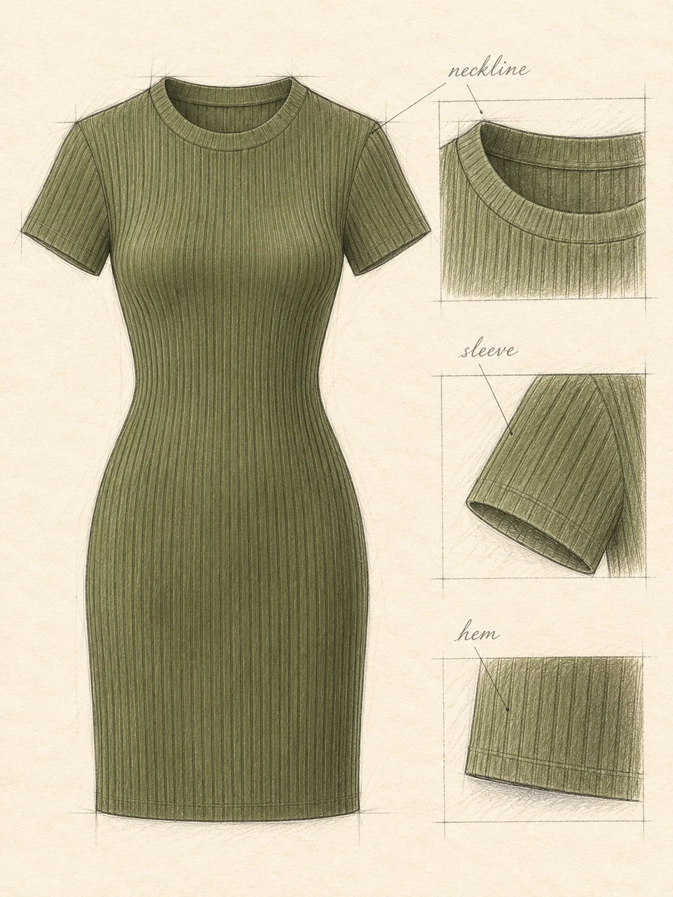Pencil olive dress study with matching round neck, sleeve and ribbed hem details