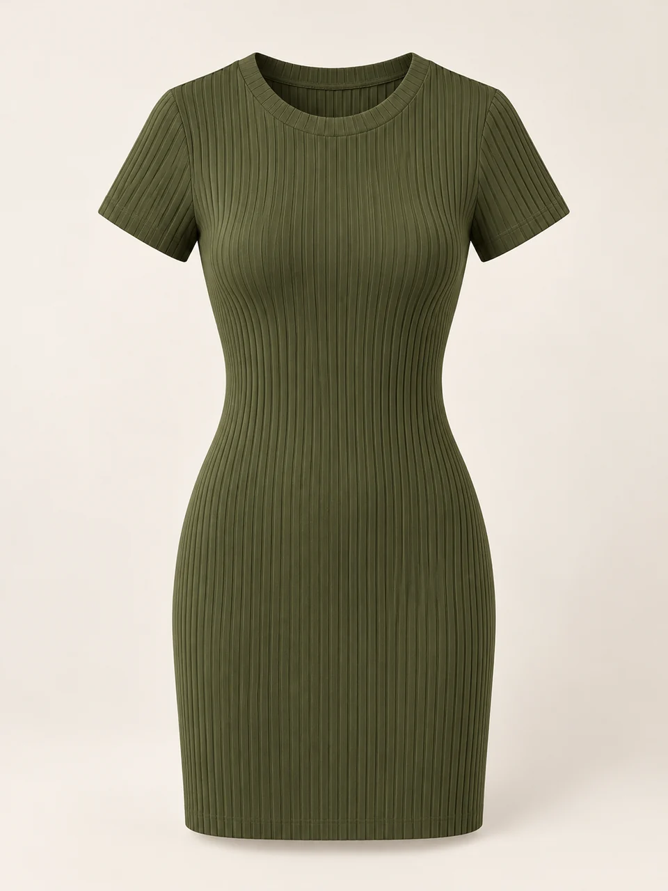 Olive ribbed fitted dress with a round neckline and short sleeves