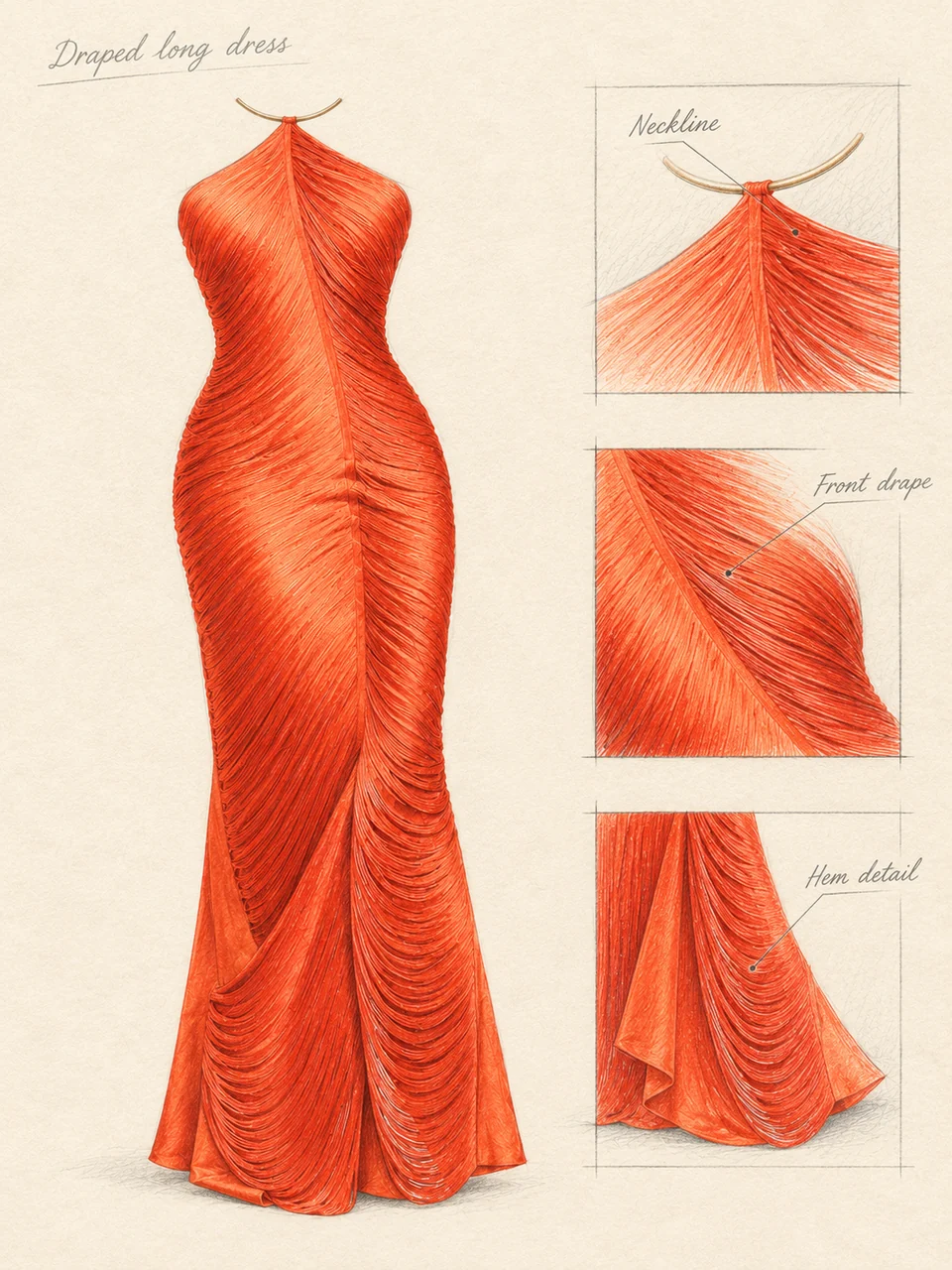 Pencil orange dress study with matching neckline connection, gathers and skirt detail sketches