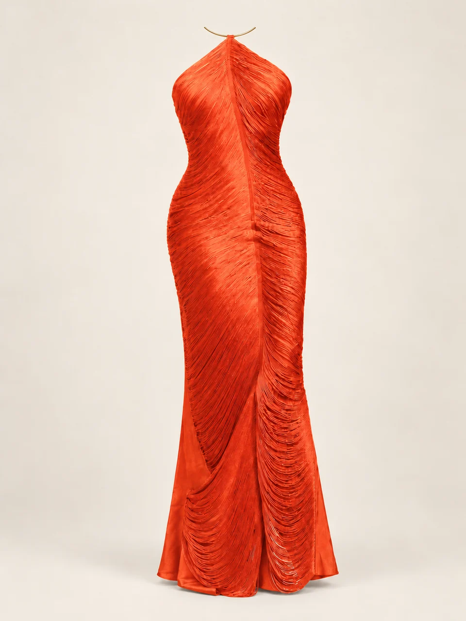 Orange long ruched dress with a warm-gold neckline connection and angled gathers