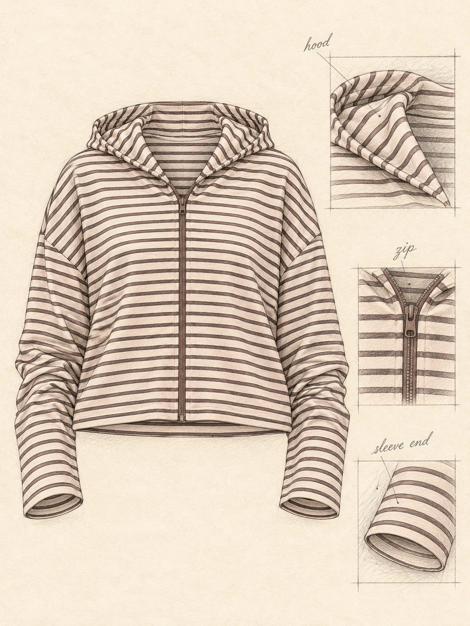 Pencil striped hoodie study with matching hood, zip opening and sleeve-end details