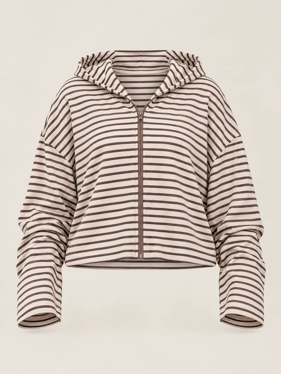 Cream and brown horizontally striped hooded jacket with a central zip and long sleeves