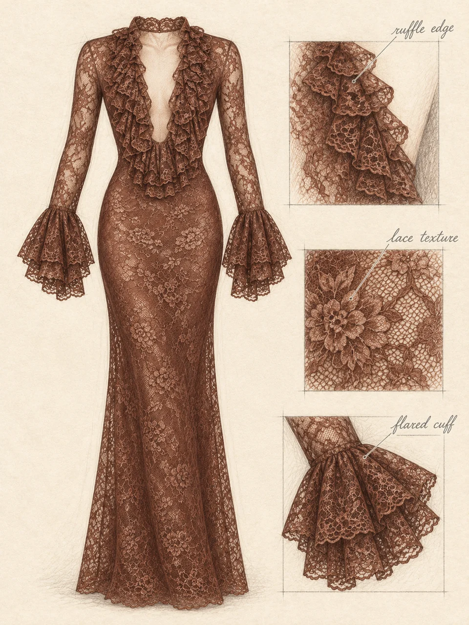 Pencil lace dress study with matching ruffle-edge, floral openwork and flared-cuff details