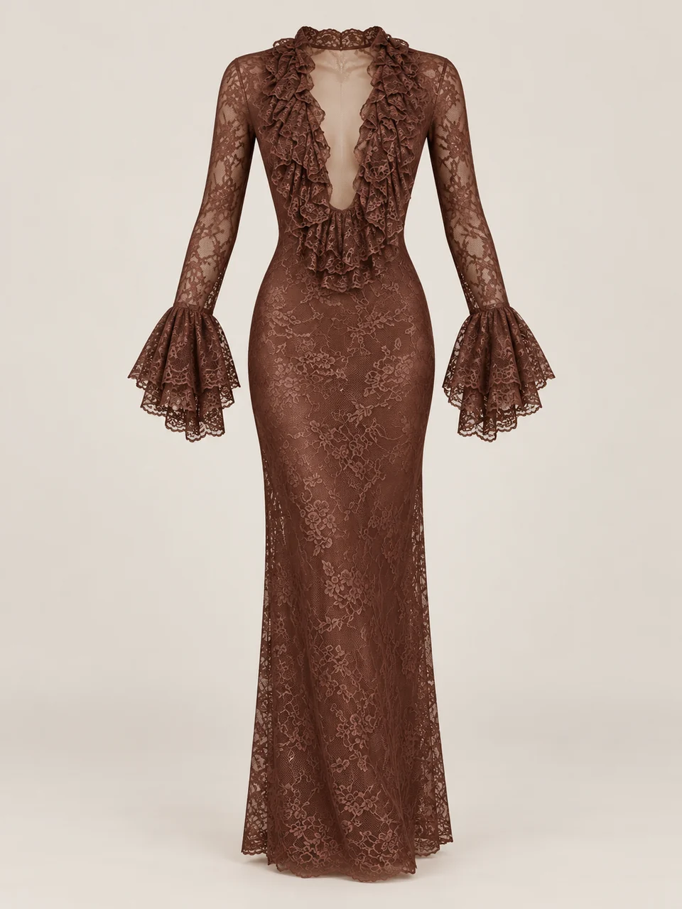 Brown long floral-lace dress with a deep ruffled neckline, long sheer sleeves and wide ruffled cuffs