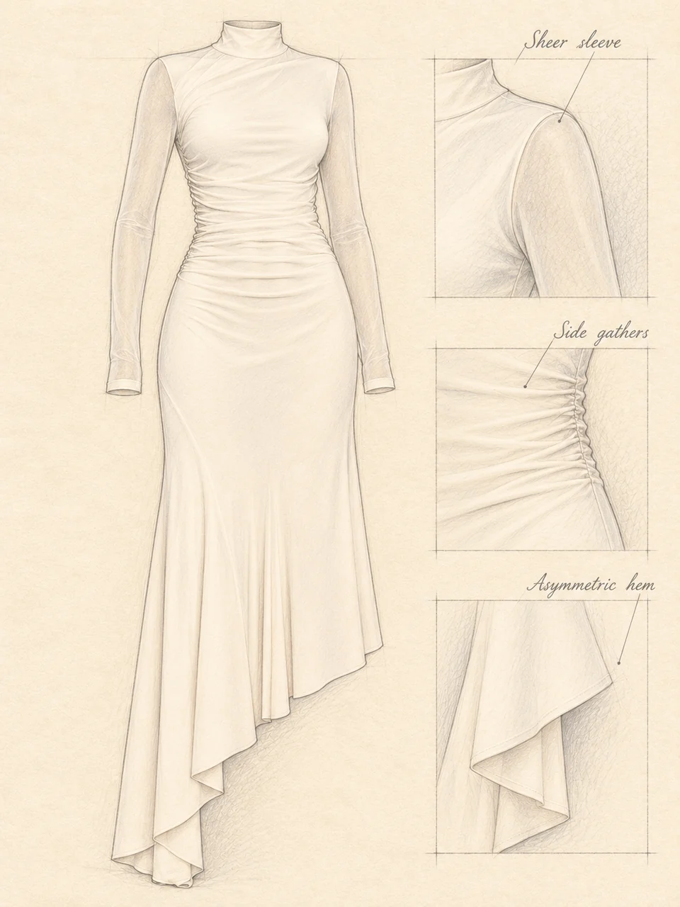 Pencil cream dress study with corresponding sheer-sleeve, side-gather and layered-edge sketches