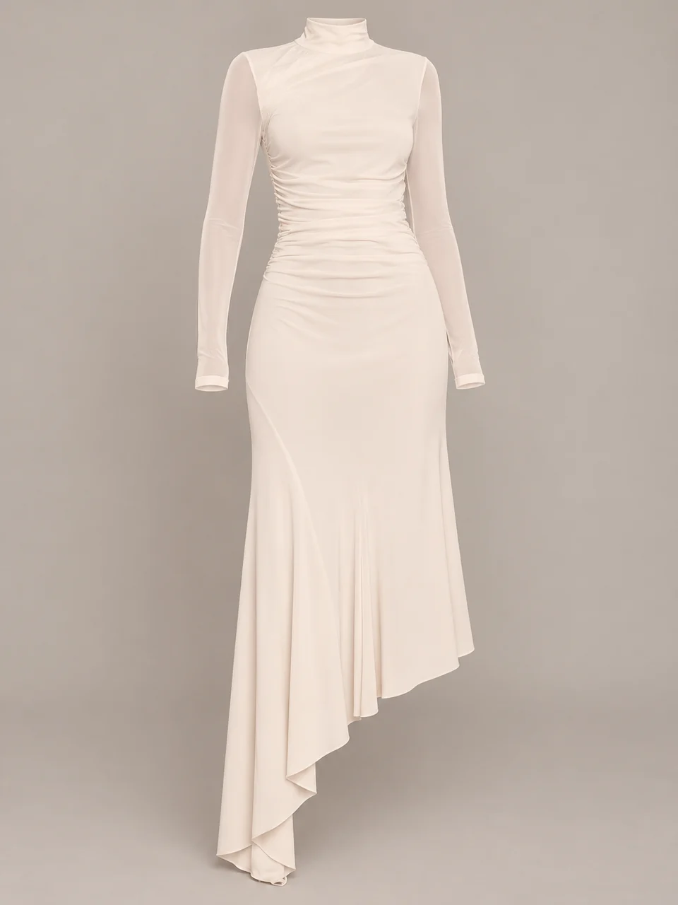 Cream high-neck long dress with sheer sleeves, side gathers and a layered asymmetric hem extending lower at image left