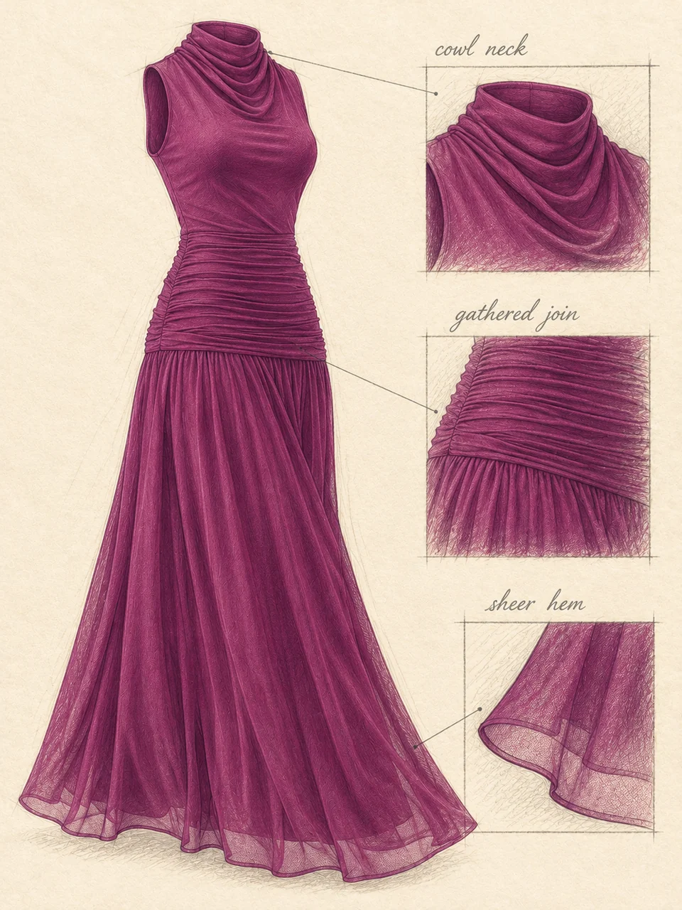Pencil purple dress study with cowl-neck, gathered-join and sheer-hem details