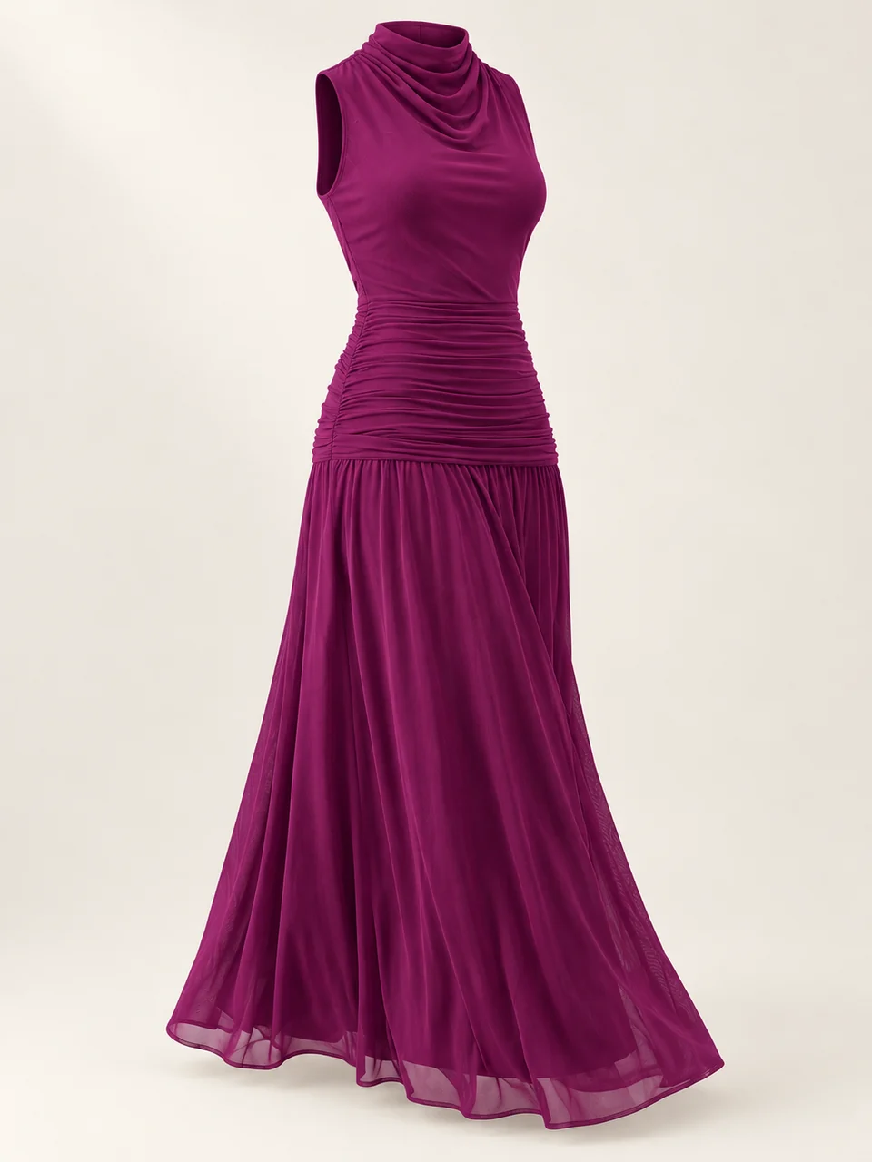Purple sleeveless cowl-neck dress with dense hip gathers, a lowered skirt join and a translucent flared lower edge