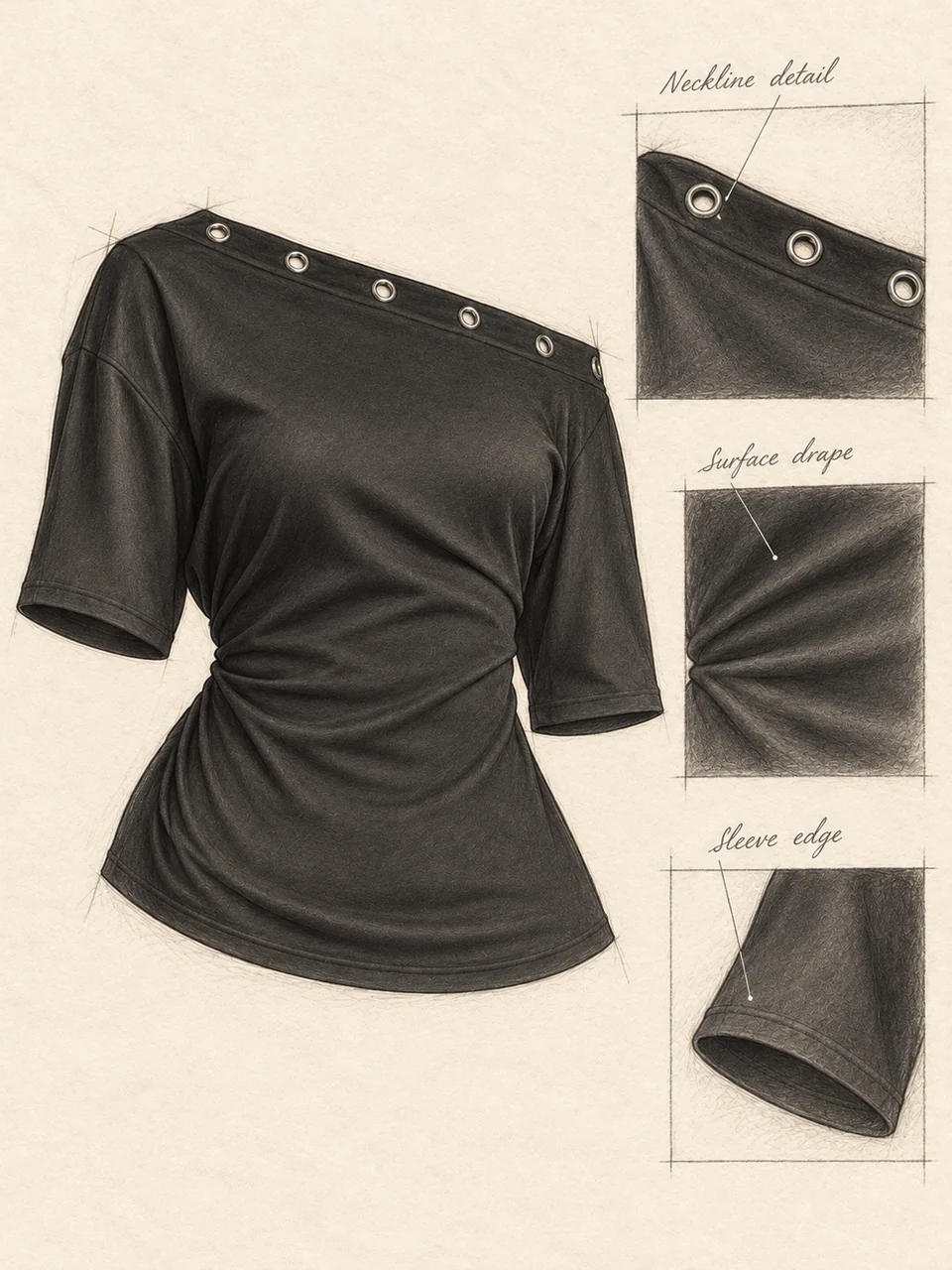 Pencil top study with matching neckline rings, surface drape and sleeve-edge details