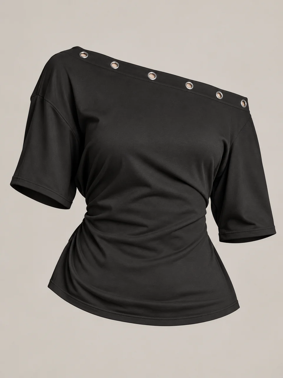 Charcoal soft-sheen top with a slanted neckline, six visible silver ring details and loose elbow-length sleeves