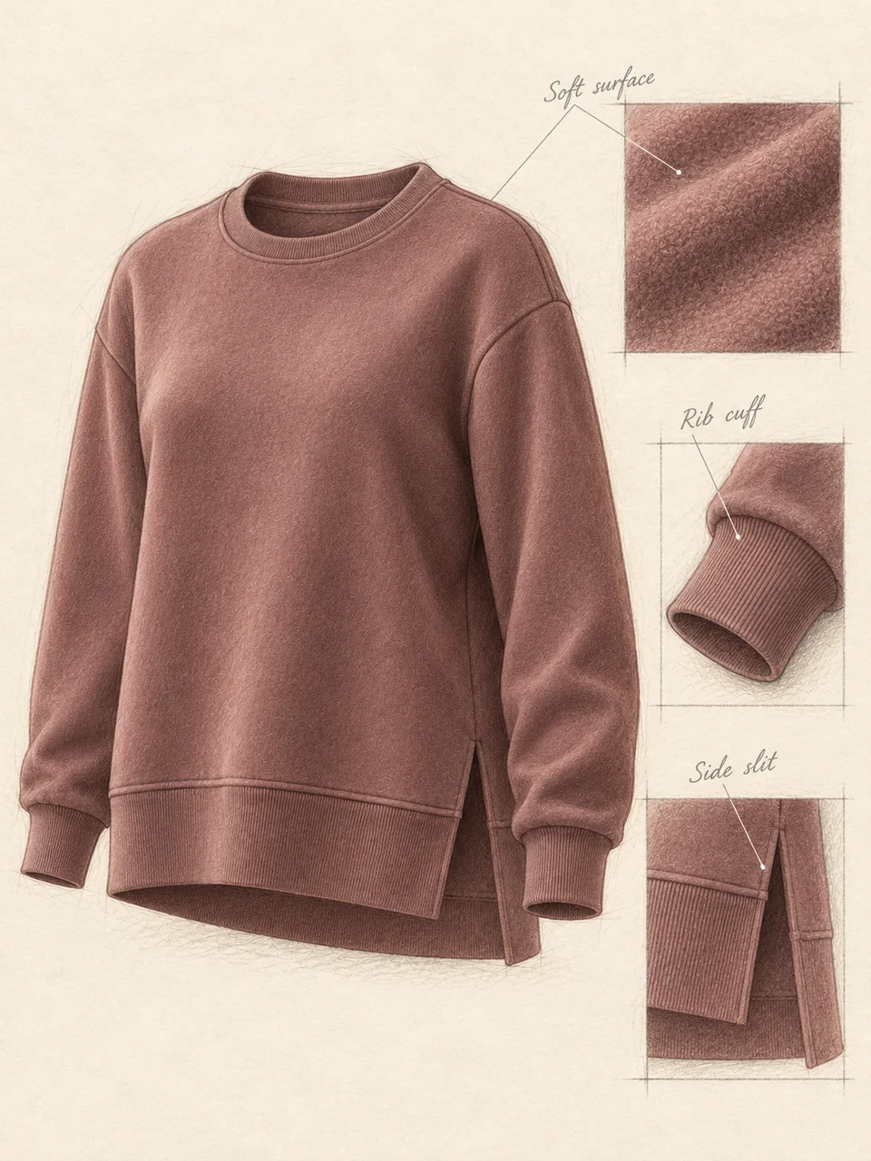 Pencil pullover study with corresponding surface texture, rib cuff and side-slit sketches