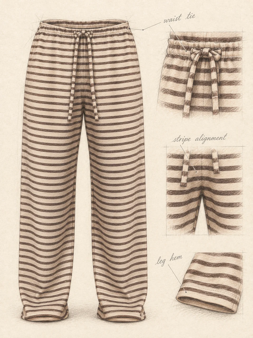 Pencil trouser study with matching waist tie, front stripe alignment and leg-hem details