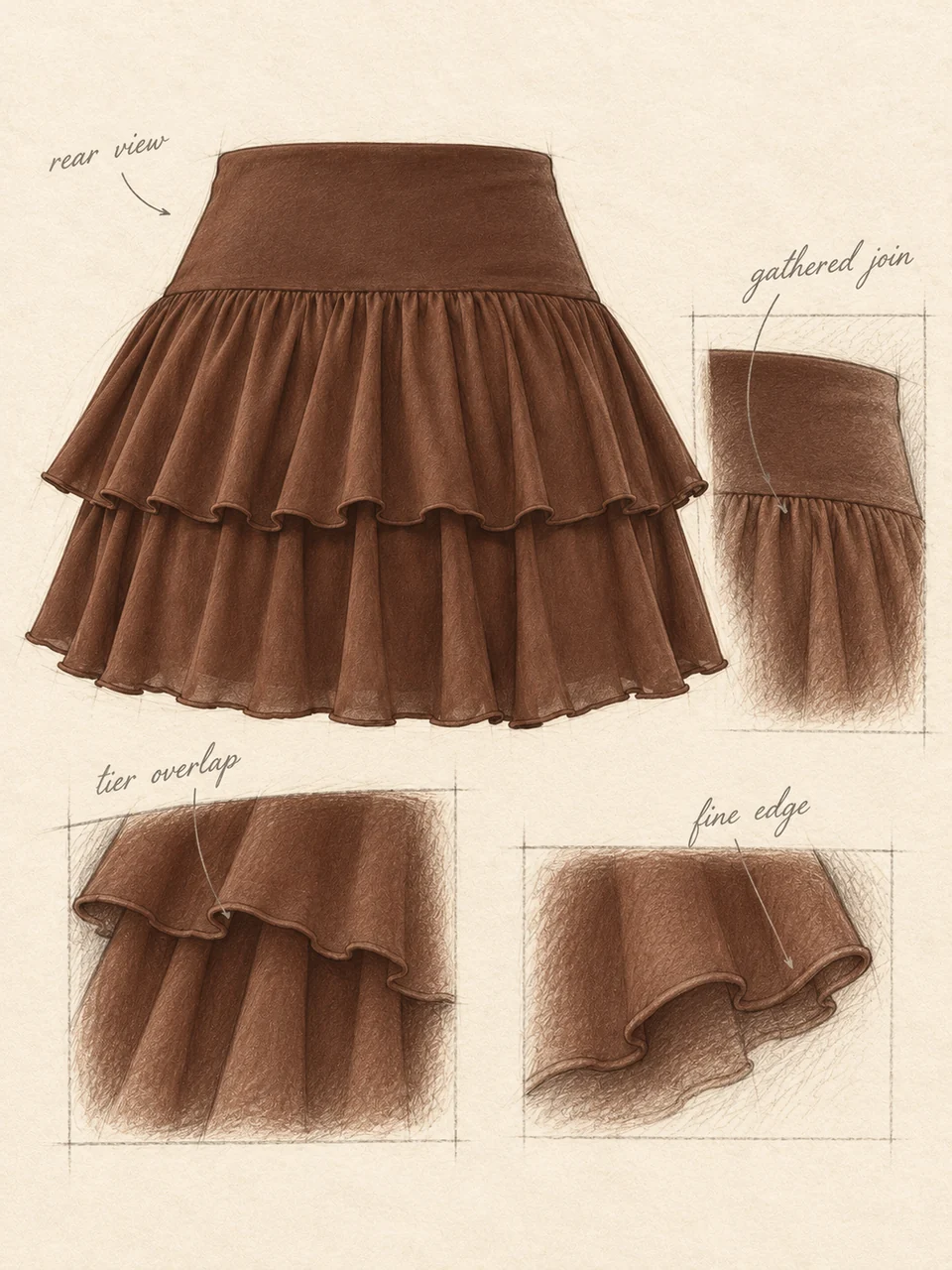 Rear-view pencil skirt study with gathered join, tier overlap and fine-edge sketches