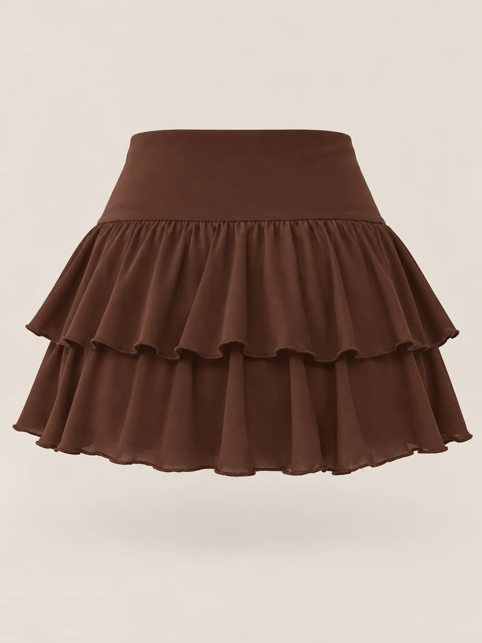 Rear-view brown short skirt with a wide upper band and two light overlapping ruffle tiers