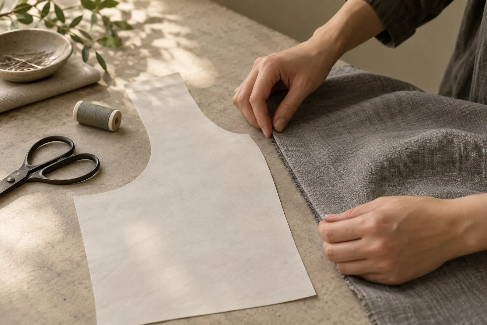 Fabric and paper patterns arranged on a work surface
