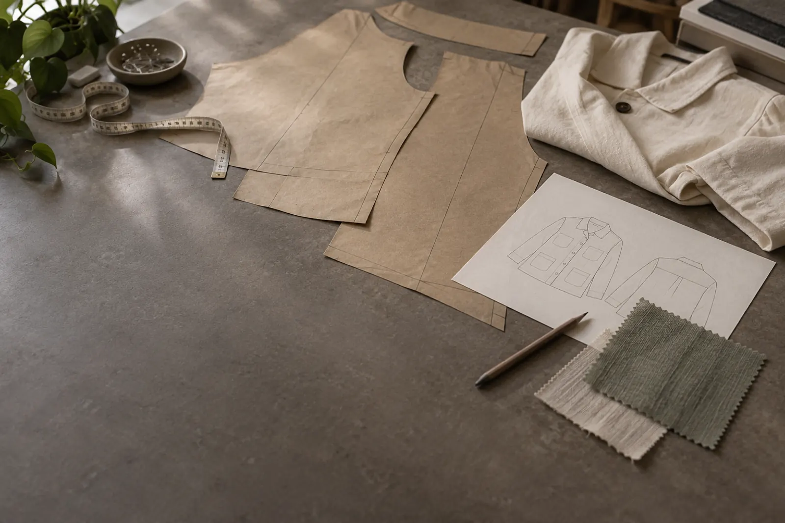 Paper patterns, design references and fabric swatches
