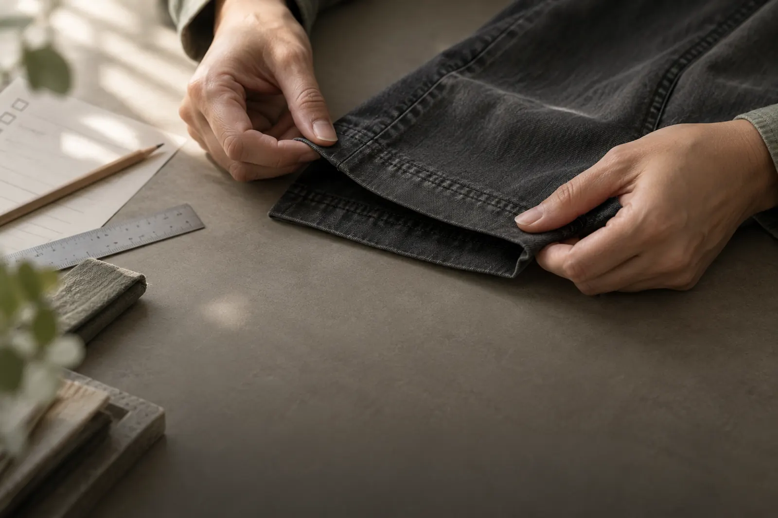 Hands examining a garment seam