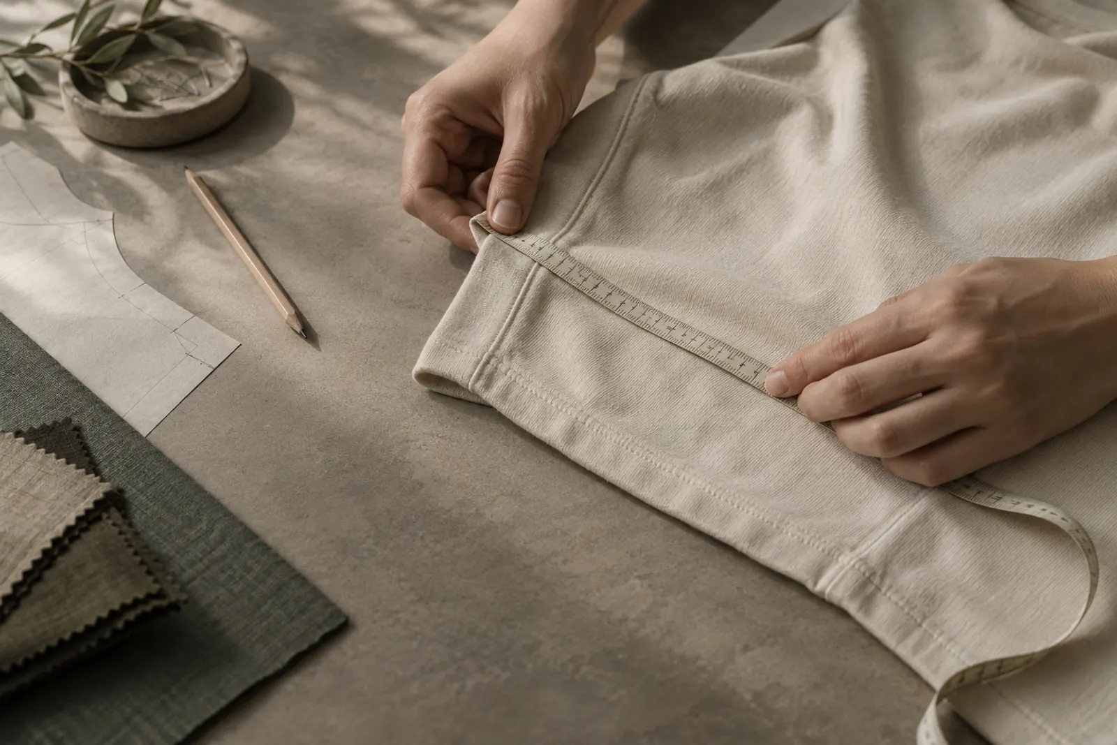 Hands and a measuring tape beside a garment