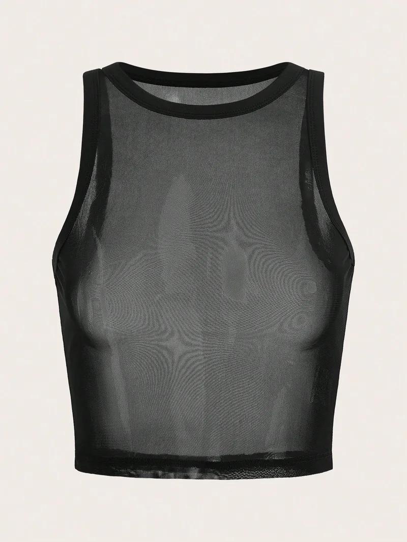 Black sleeveless mesh top with bound neckline and armholes
