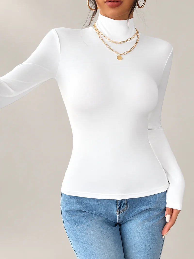 White fitted long-sleeve top with a high neckline