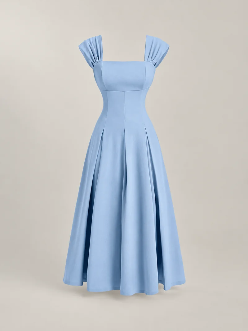 Light blue dress with gathered shoulder straps, a shaped waist and a flared skirt